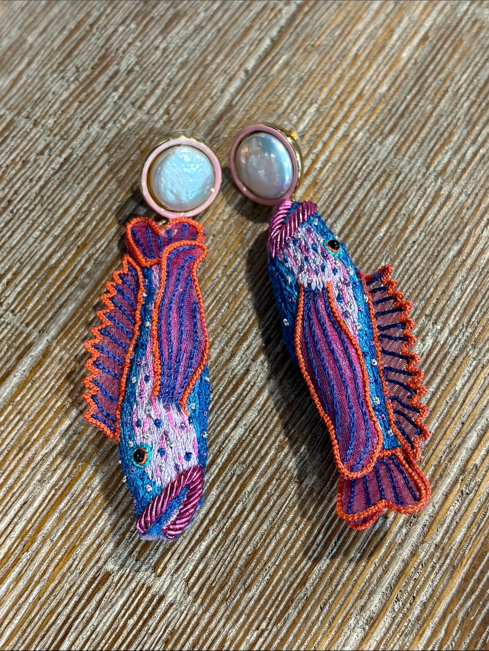 Mignonne Gavigan Colorful Fish Embroidered Drop Earrings - Pink, Purple & Blue